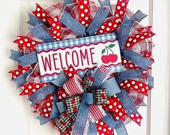 Summer cherry welcome wreath for your front door, mesh wreath with beautiful ribbon