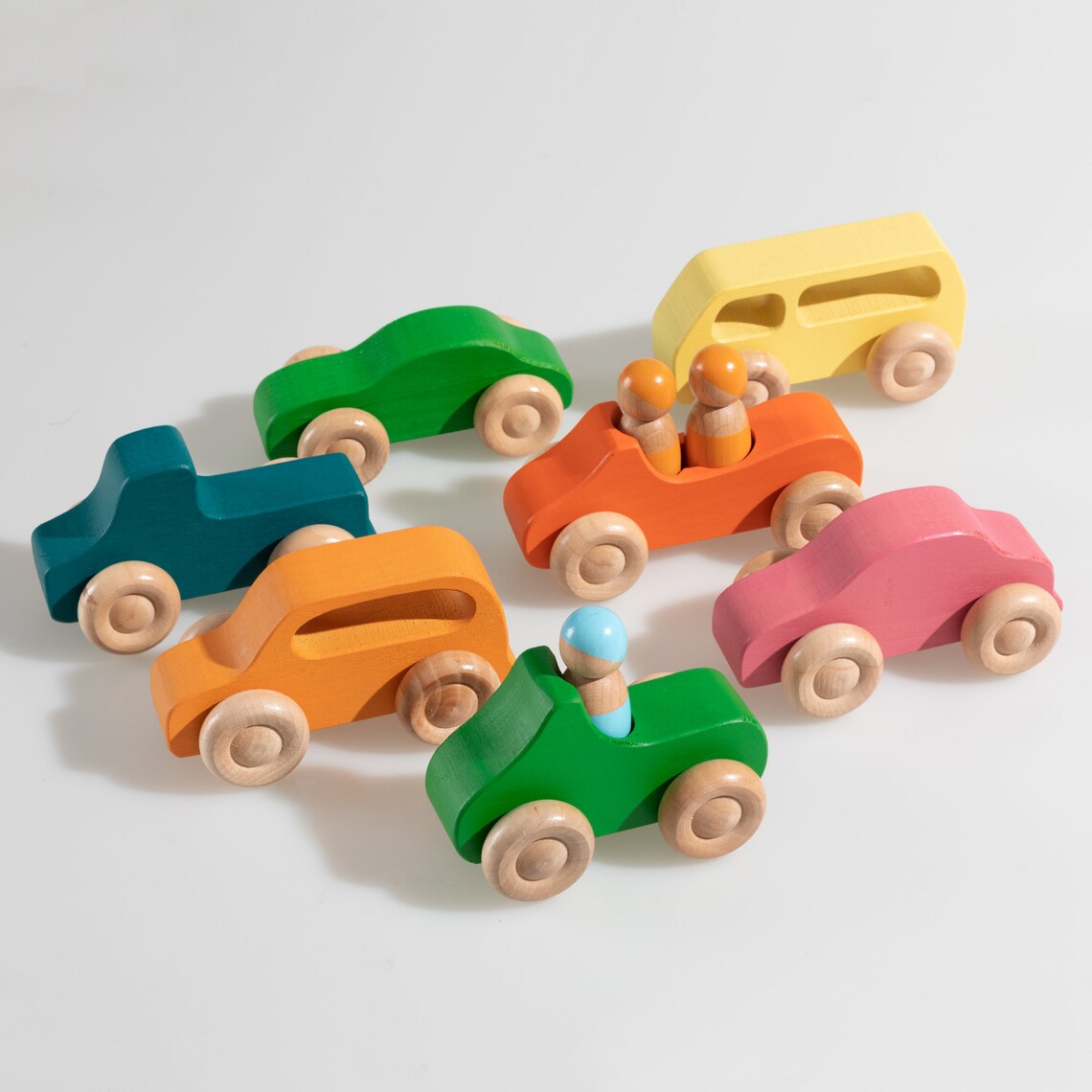 7pcs Wooden Car With Peg Dolls Grimm's Set of 6 Small - Etsy