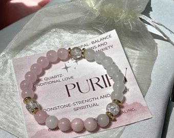 Rose Quartz & Pink Opal Bracelet: Healing Crystal Jewelry, 7 inch