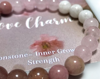 Rose Quartz Bracelet: Pink Opal & Moonstone, Love Charm, 7 Inch
