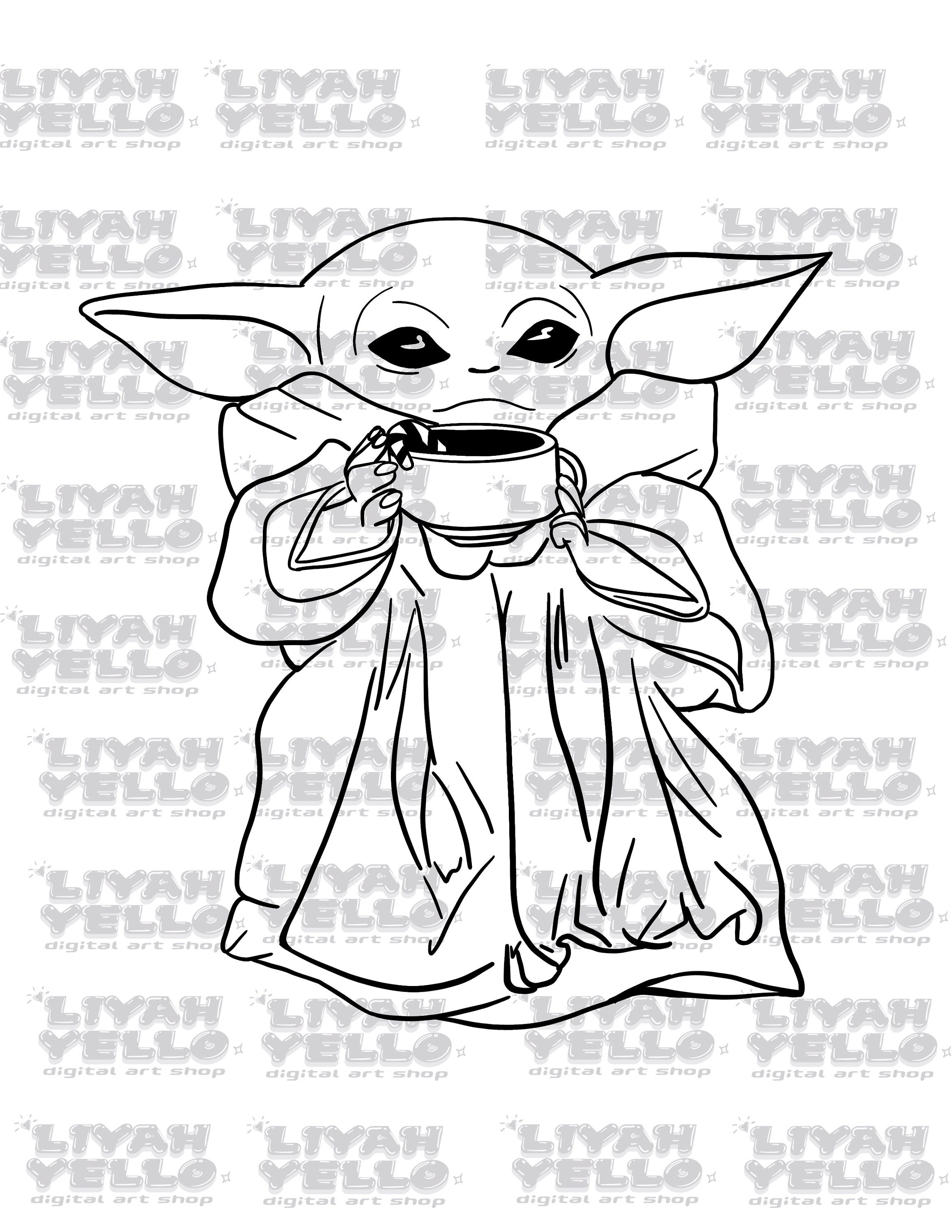 baby yoda with candy cane in mug printable coloring page etsy