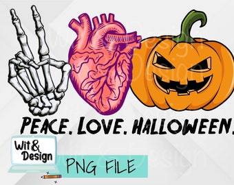 Pokój miłość Halloween plik png do sublimacji, Halloween png, szkielet png, pobieranie cyfrowe, obraz sublimacji Halloween