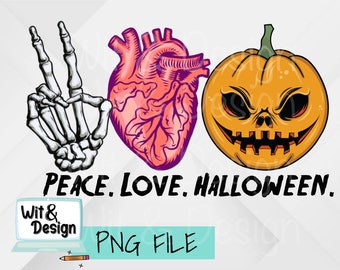 Peace Love Halloween png Datei für Sublimation, Halloween png, Kürbis png, Skelett png, digitaler Download, Sublimation Design