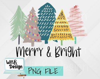 Christmas trees png file for sublimation, merry and bright, simple Christmas design, digital download, png file