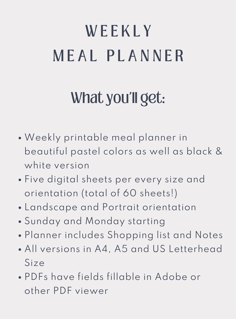 Printable Minimalist Weekly Meal Planner Template: Meal Tracker, Food ...