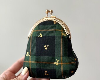 Handsewn Kiss Lock Cotton Purse: Tartan & Gold Cherries