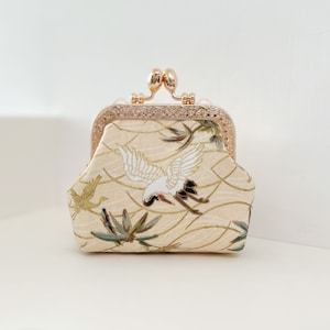 Porte-monnaie fait main avec cadenas Kiss - Pochette pour monnaie avec motif grue japonaise beige blanc crème - Porte-monnaie en tissu cousu main