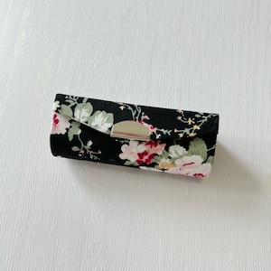 Handmade Cotton Lipstick Case - Floral Print Lipstick Case - Black Floral Lipstick Case with mirror - Special Gift Ideas - Accessory Case