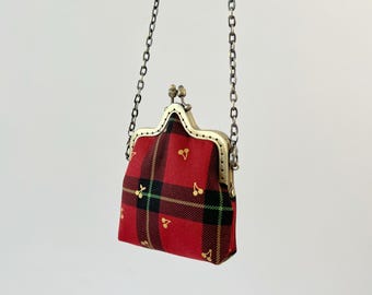 Handmade Kiss Lock Small Purse - Red Tartan Cherries