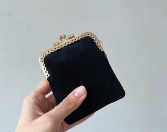 Handmade Kiss Lock Purse - Black Flannel Velvet Card Purse