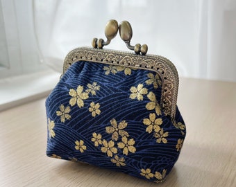 Handmade Coin Purse - Vintage Kiss Lock Coin Purse - Blue Gold Sakura