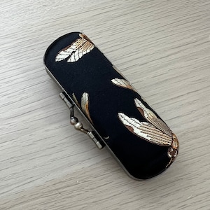 Handmade Lipstick Case - Vintage Lipstick Case with Mirror - Kiss Lock Lipstick Case - Gold Dragonfly in Black