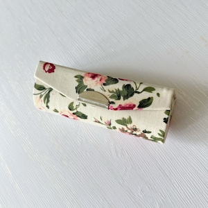 Handmade Cotton Lipstick Holder - Creamy White Floral Printed Lipstick Case with mirror - Christmas Gift Ideas - Unique Makeup Accessory