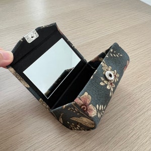 Handmade Cotton Accessories Case - Dark Blue Garden Double Lipstick Holder with mirror - Makeup Accessory - Special Gift Ideas