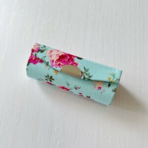 Handmade Cotton Lipstick Case - Floral Print Lipstick Case - Baby Blue Floral Lipstick Case with mirror - Gift for her - Handmade gift ideas