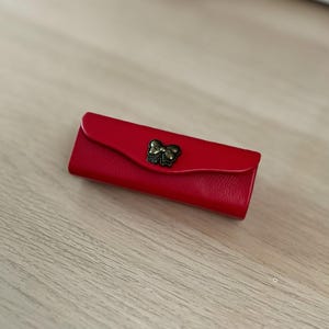Handmade Cotton Lipstick Case - Red Lipstick Holder with mirror - Red Leather Bow Lipstick Holder - Gift Ideas - Special Presents