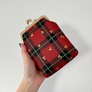 Sac à bandoulière Kiss Lock rouge vintage cousu main - Sac à main pour accessoires - Pochette rouge - Idées cadeaux - Sac tartan rouge