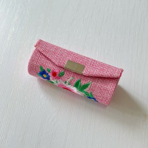 Handmade Cotton Lipstick Makeup Accessory  - Soft Pink Floral Embroidered Lipstick Holder - Unique Gift Ideas - Birthday Present