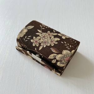 Handmade Cotton Lipstick Case - Village Garden Brown Floral Granny Fabric Double Lipstick Holder with mirror - Makeup Accessory Gift Ideas