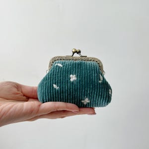 Handsewn Corduroy Kiss Lock Purse: Embroidered Mini Coin Pouch