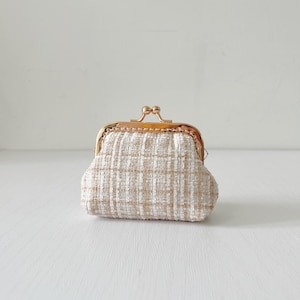 Porte-monnaie cousu main avec cadenas Kiss - Porte-monnaie en tissu bouclé beige - Accessoire porte-monnaie fait main - Idées cadeaux