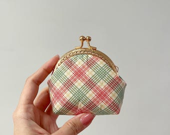 Handsewn Plaid Cotton Kiss Lock Coin Purse