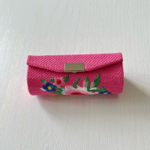 Handmade Cotton Lipstick Case - Bright Pink Floral Print Lipstick Accessory Case - Embroidered Lipstick Holder