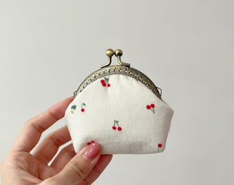 Handsewn Cherry Cotton Kiss Lock Change Purse – Mini Coin Wallet