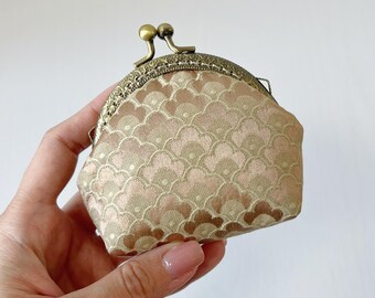 Handsewn Coin Purse: Khaki Dragon Scales Satin Brocade Kiss Lock Wallet