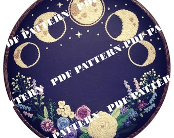 Moon Phases and Flower Wreath Embroidery Pattern - PDF Download