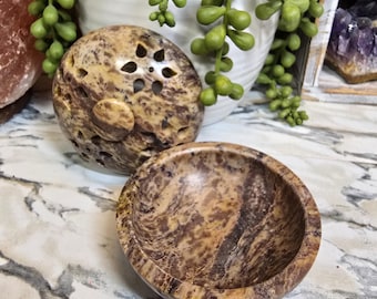 Soapstone Incense burner bowl with flower design 3in x 2.5in