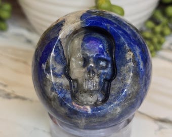 Lapiz Lazuli Crystal Sphere with Skull Carving 2.26in 10oz UV reactive