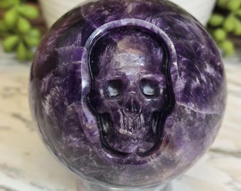 Amethyst Crystal Sphere with skull carving 3.16in 1lb 10.7oz