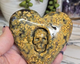 Ocean Jasper Heart with skull carving