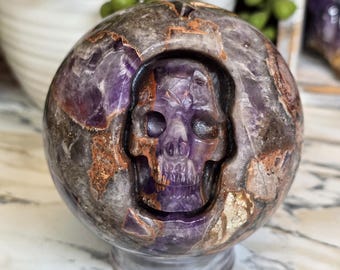 Amethyst Crystal Sphere with Skull carving 3.16in 1lb 10.4oz