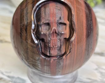 Tiger Iron Sphere with skull carving 67.8mm 1lbs 3oz