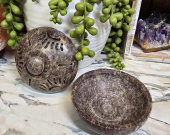 Soapstone incense burner bowl with sun design 3in x 2.5in