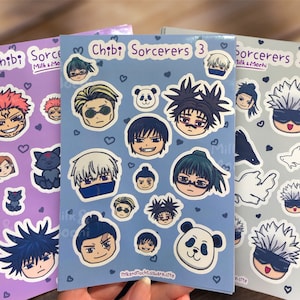 NEW: Chibi Anime Sorcerers A5 Glossy Vinyl Sticker Sheets jjk Cosplay Comic Con Manga Kawaii jujutsu Merch Satosugu Beta Fish