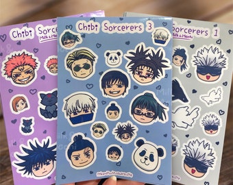 NEW: Chibi Anime Sorcerers A5 Glossy Vinyl Sticker Sheets jjk Cosplay Comic Con Manga Kawaii jujutsu Merch Satosugu Beta Fish