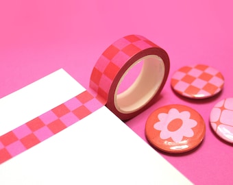 CHECKERED CHERRY (Pink/Red) Checkerboard Washi Tape (15mm/10m) | Trendy Y2K Masking Tape for Stationery, Cute Checkered Planner Washi Tape