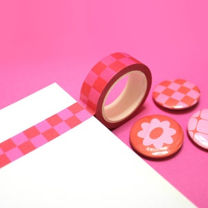 CHECKERED CHERRY (Pink/Red) Checkerboard Washi Tape (15mm/10m) | Trendy Y2K Masking Tape for Stationery, Cute Checkered Planner Washi Tape