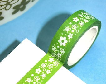 SPRING BLOSSOM Pyrex Inspired Pattern Washi Tape (15mm/10m) | 70's Retro Vintage Floral Stationery Tape, Green Pyrex Spring Blossom Washi