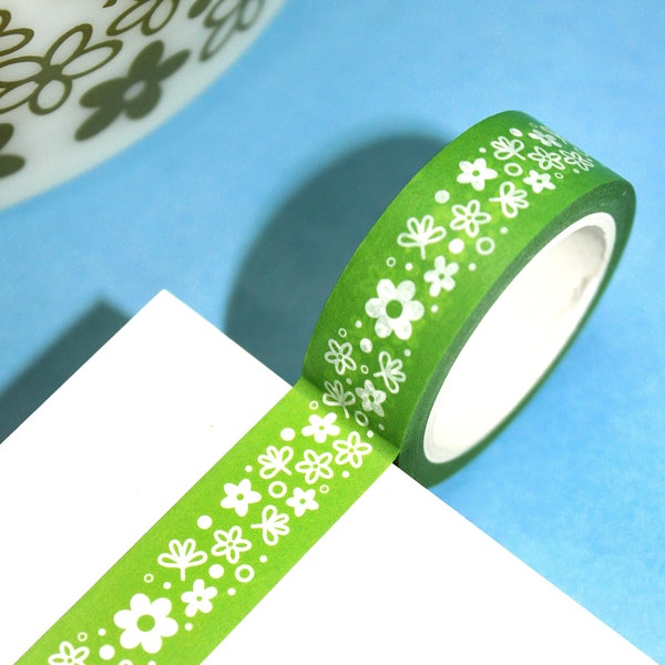 SPRING BLOSSOM Pyrex Inspired Pattern Washi Tape (15mm/10m) | 70's Retro Vintage Floral Stationery Tape, Green Pyrex Spring Blossom Washi