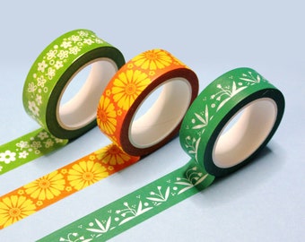 Pyrex Vintage Inspired Pattern Washi Tape Bundle Deal (Set of 3, 15mm/10m) | 70's Retro Flower Washis for Stationery, Pyrex Inspired Gift