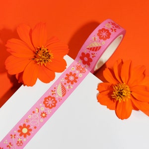 FLOWER GARDEN (Pink) Cute Retro Floral Washi Tape (15mm/10m) | Spring Wildflowers Crafting Tape, Plant Washi, Cute Botanical Washi Tape