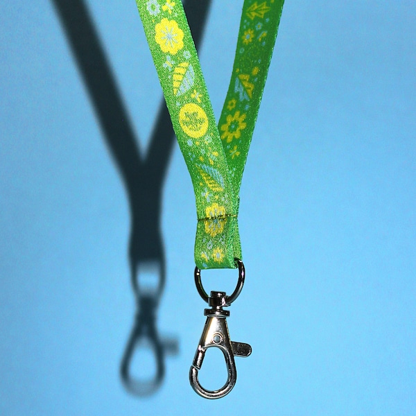 FLOWER GARDEN (Green/Blue/Yellow) Illustrated Narrow Lanyard (1.5cm thickness) / Floral, Bee & Butterfly Lanyard, Cute Gift For Teachers