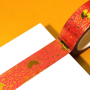LUNAR FULL MOON Gold Foil Washi Tape (15mm/10m) | Asian Style Washi, Gilded Moon & Star Crafting Tape, Celestial Washi, Lunar New Year