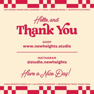 May include: A cream-colored graphic with red text that says "Hello, and Thank You." It also includes the shop's website and Instagram handle. The top and bottom borders have a red and white checkered pattern.
