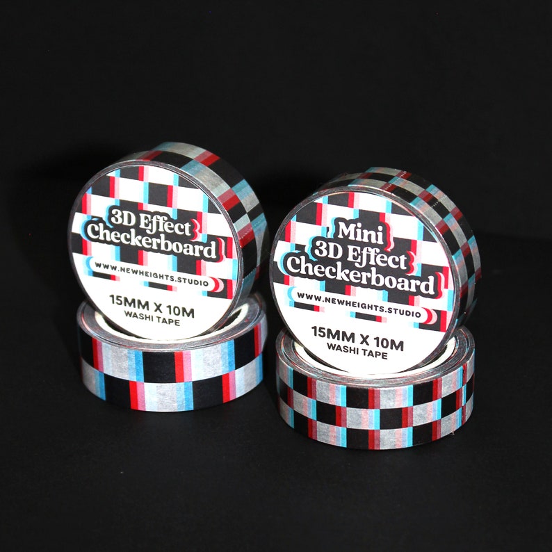 May include: Two rolls of black and white checkered washi tape with a 3D effect. The tape is 15mm wide and 10 meters long. The tape is labeled "3D Effect Checkerboard" and "Mini 3D Effect Checkerboard".