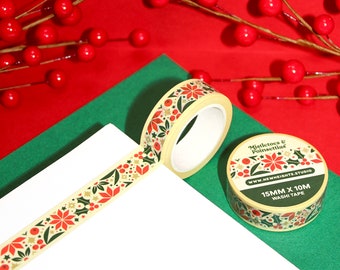 MISTLETOES & POINSETTIAS Elegant Christmas Washi Tape | Vintage Style Holiday Washi For Gift Wrap, Seasonal Christmas Stationery, Craft Tape